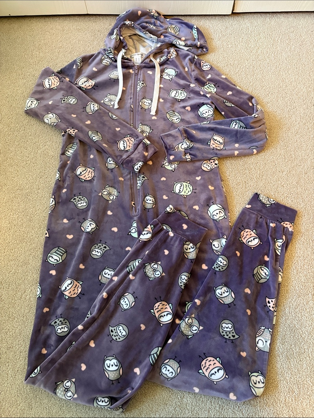 Women’s velour Purple Owl Print Hooded Onsie